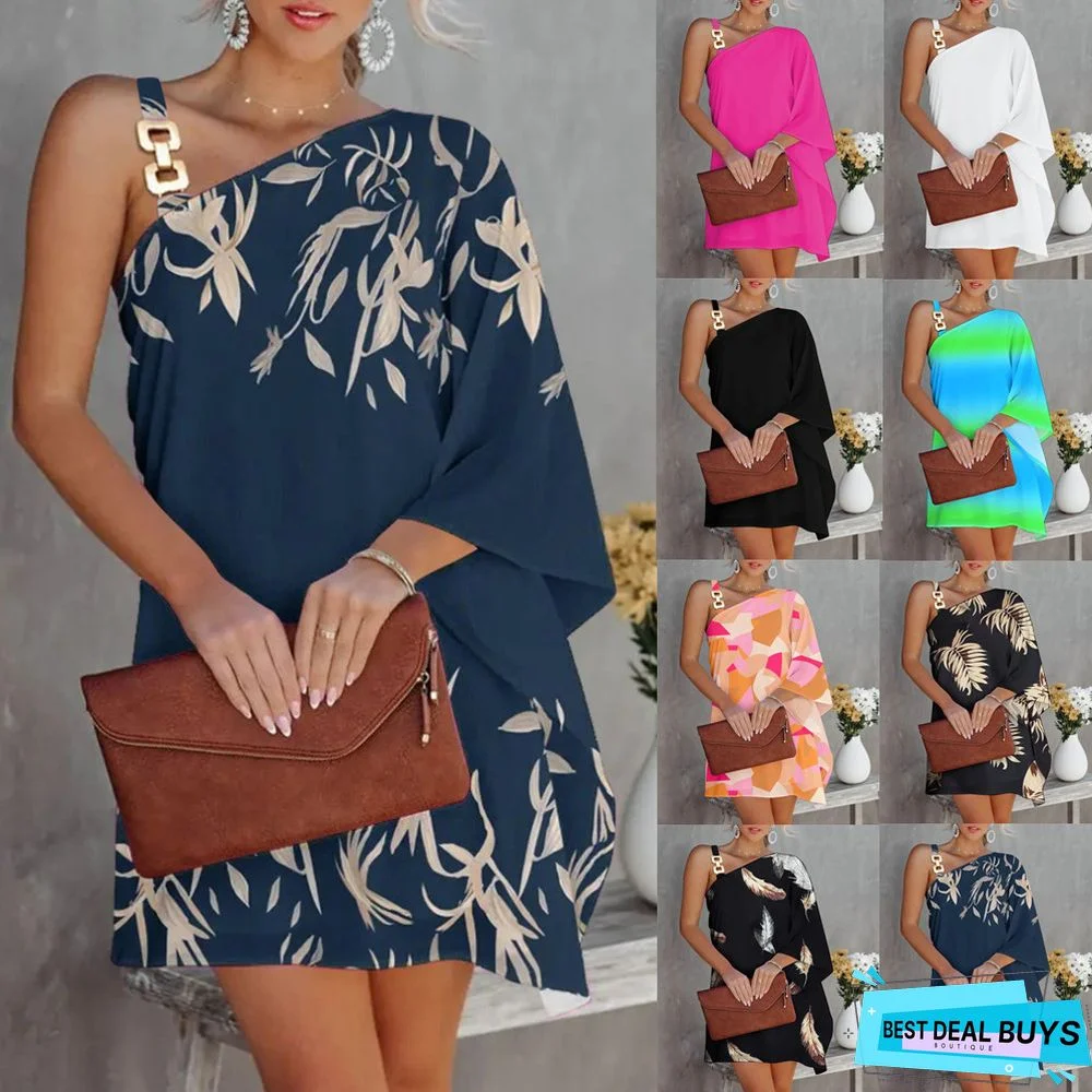 Bat Sleeve Off Shoulder Metal Suspender Dress For Women