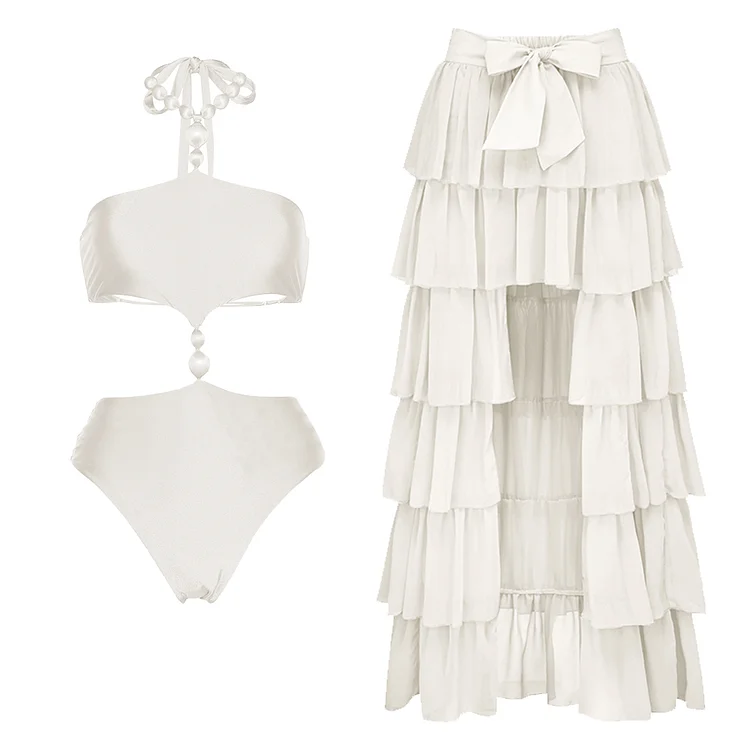 White Pearl Hollow One Piece Swimsuit And Skirt 