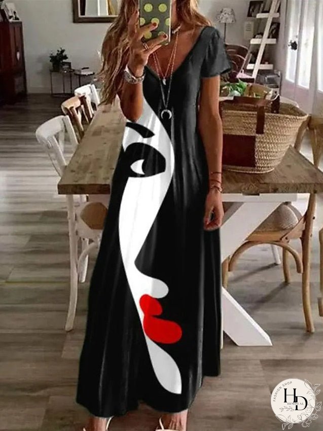 Casual Dress Shift Dress Long Dress Maxi Dress Black Short Sleeve Abstract Pocket Summer Spring V Neck Vacation S M L XL XXL 3XL for Women