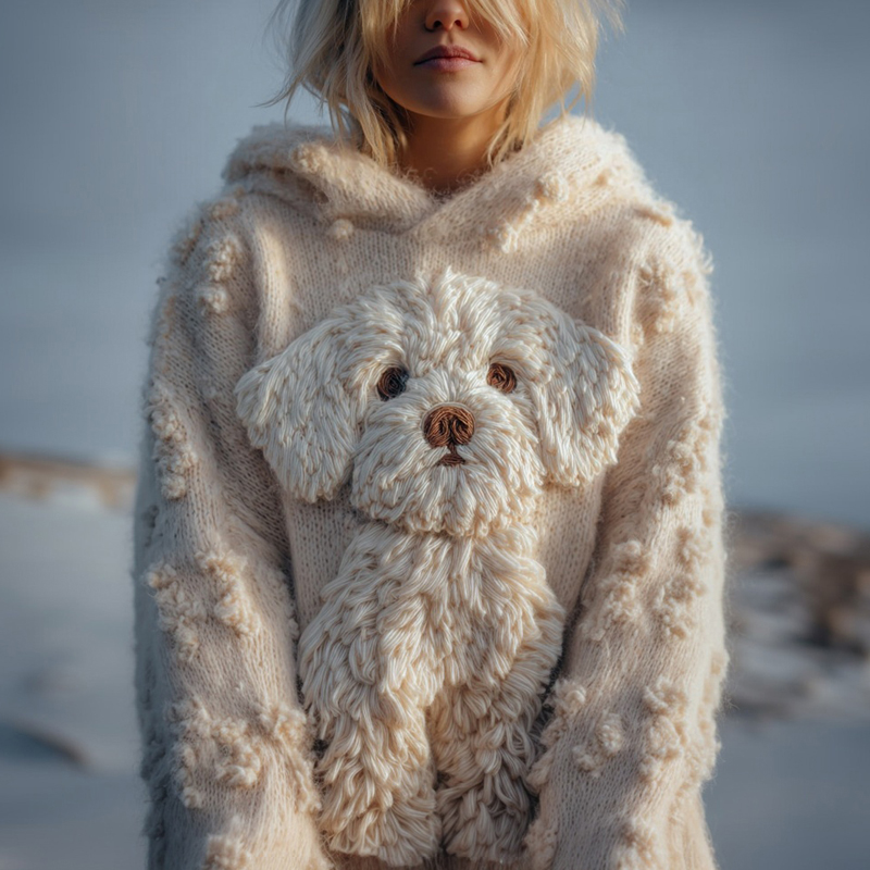Cute Fuzzy Dog Embroidered Cozy Hooded Sweater