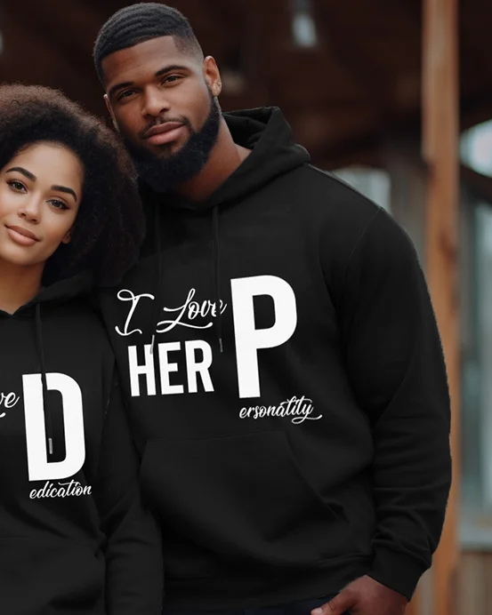 Couples Plus Size Simple Casual Retro I Love Her Long-Sleeved Sweatshirt With Artistic Words