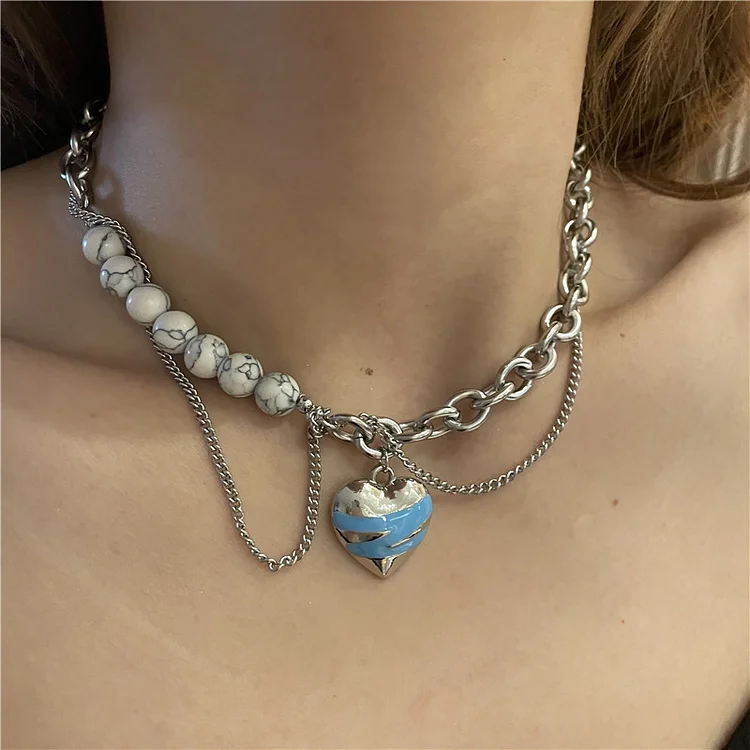 Double Layered Drop Glazed White Turquoise Heart Necklace KERENTILA