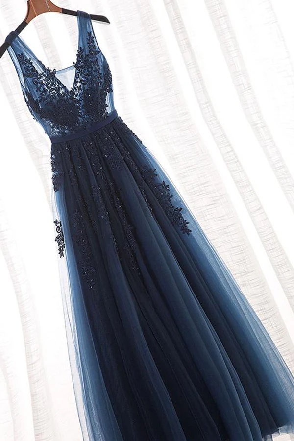 Ovlias Refined Navy Blue Wide Shoulder Straps Tulle Embroidery Prom Dress LY0550