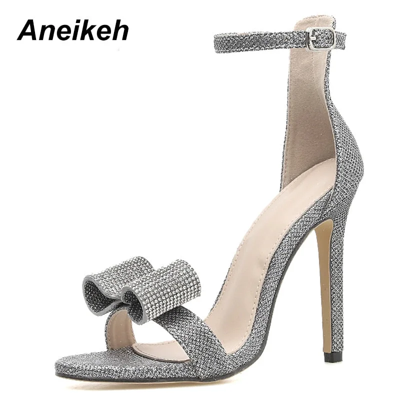 Aneikeh 2022 Summer Rhinestone Sandals Silvery Butterfly-knot Women Fashion High Heels Ankle Buckles Ladies Sandals Party Shoes