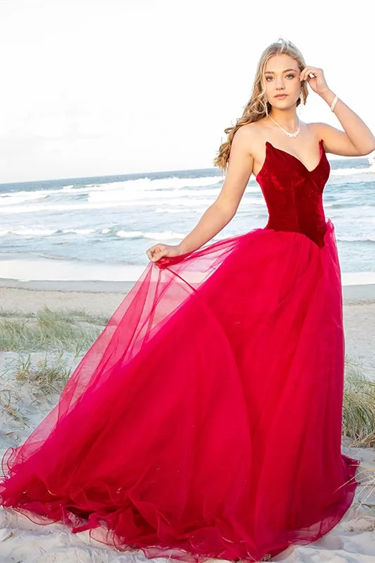 Burgundy Tulle V-Neck Prom Dress Velvet PD0210