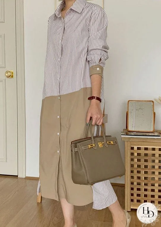 Vintage Apricot Striped Patchwork Cotton shirts Long Dresses Spring