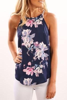 Navy Random Floral Print Round Neck Cami Tops