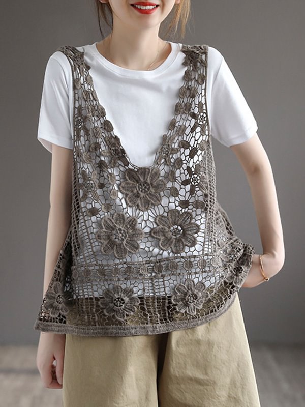 Stylish Solid Color Embroidered V-Neck Vest Tops