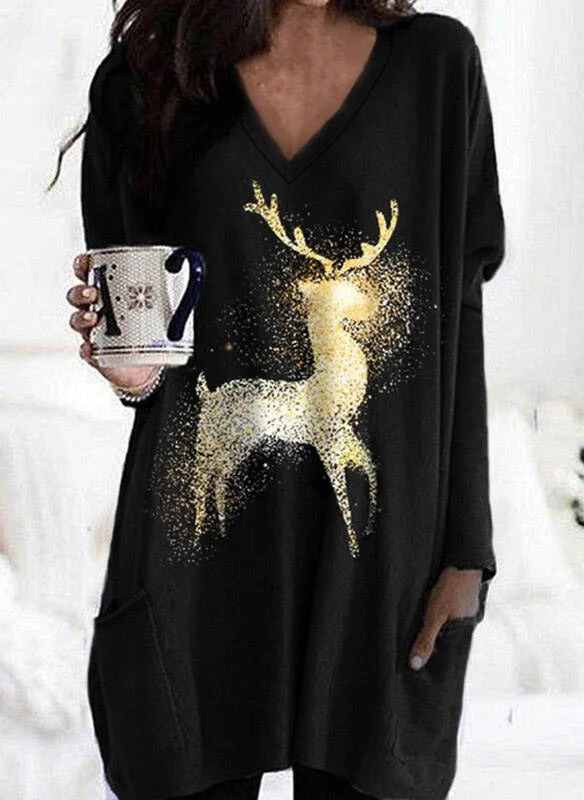 V-neck Women's Reindeer Print Long T-shirt