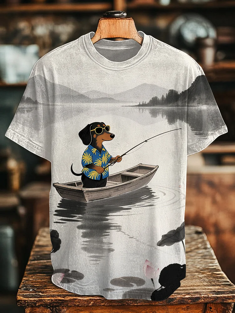 Men's Retro Lotus Pond Dachshund Fishing Print Casual T-Shirt