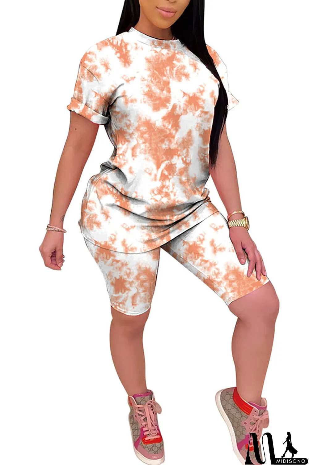 MidiSono - Light yellow Polyester Fashion Casual Print Gradient Two Piece Suits pencil Short Sleeve Two Pieces