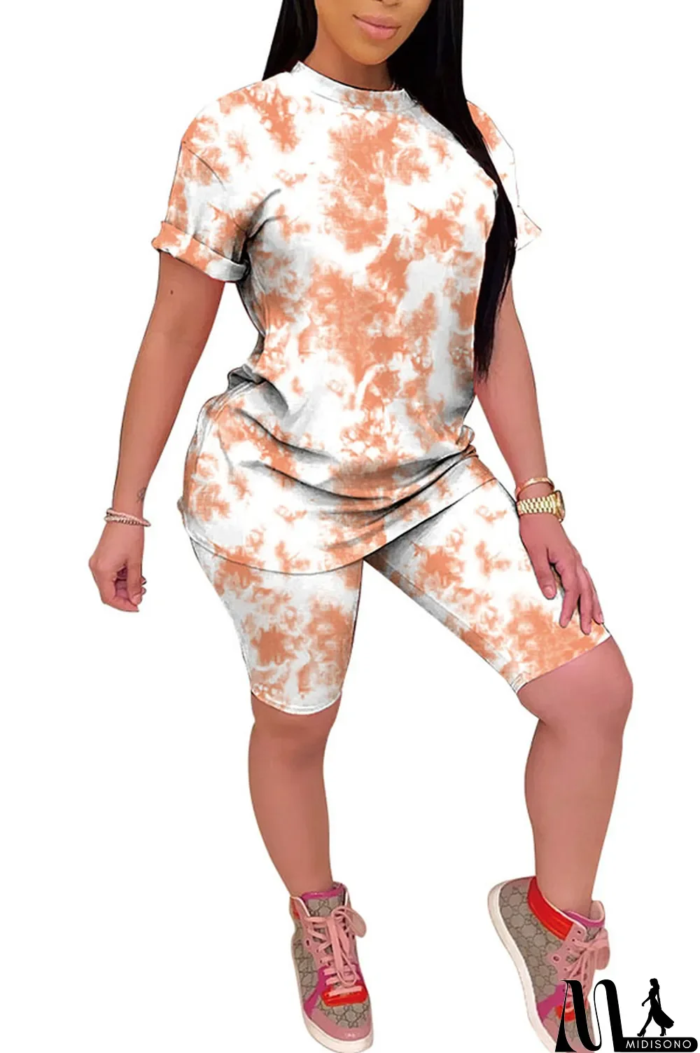 MidiSono - Light yellow Polyester Fashion Casual Print Gradient Two Piece Suits pencil Short Sleeve Two Pieces