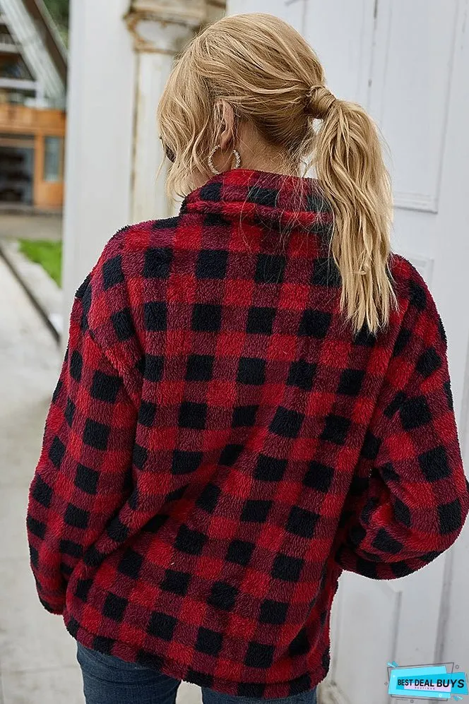 Red Plaid Turn-down Collar Coral Fleece Winter Outfits Coat
