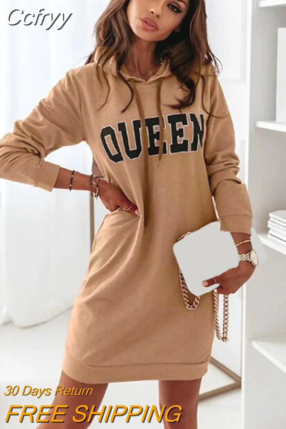 huibahe Letter Print Hooded Sweatshirt dress women Autumn Casual Long Sleeve Sports Drawstring Straight Dresses for Women's 2023