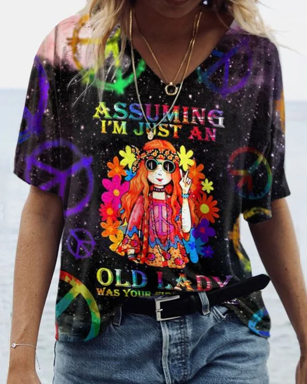 🔥kukelife🔥Girls Alphabet Print Hippie V-Neck T-Shirt