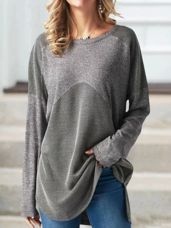 Gray Color-Block Round Neck Cotton Casual  Tops