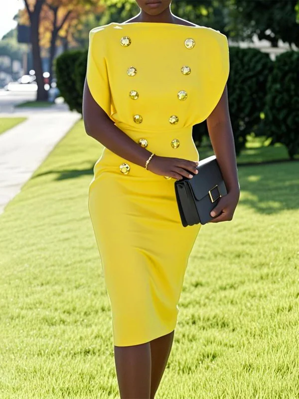 Bodycon High Waisted Buttoned Solid Color Boat Neck Midi Dresses