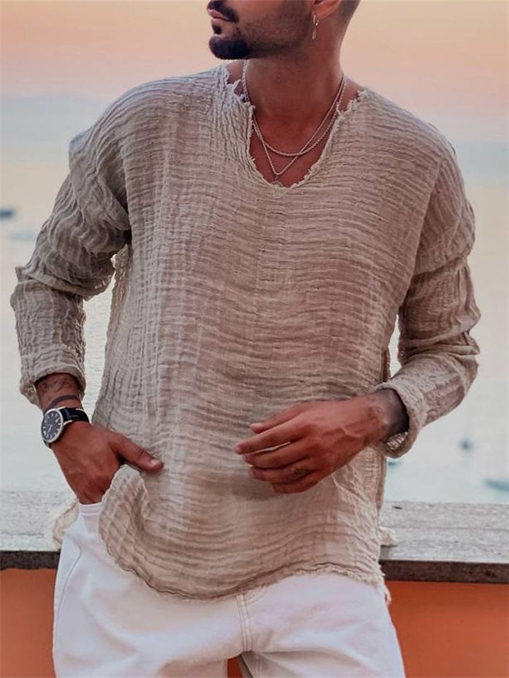 Men's Linen Shirt Casual Shirt Summer Shirt Beach Shirt White Blue Brown Long Sleeve Plain V Neck Spring & Summer Casual Daily Clothing Apparel