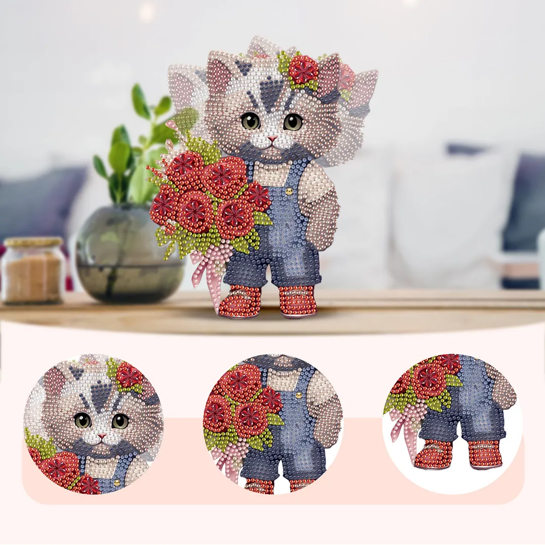 Cat Rose DIY 2D Flat Acrylic Desktop Diamond Art Kit with Rocking Function Decor