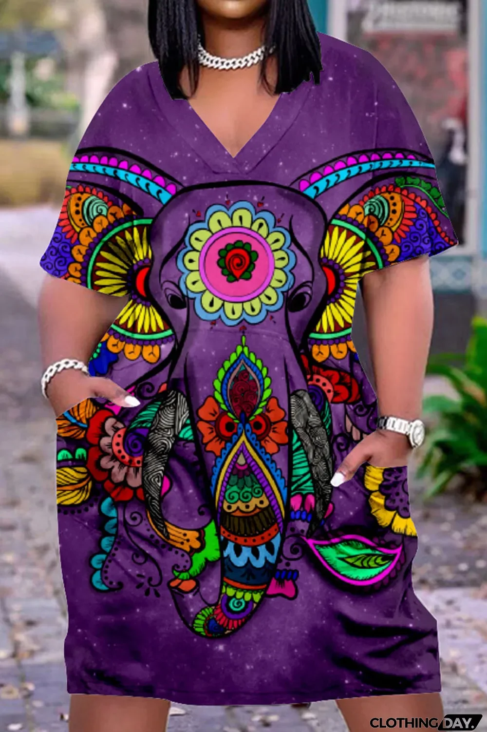 Navy Blue Fashion Casual Print Basic V Neck Short Sleeve Dress