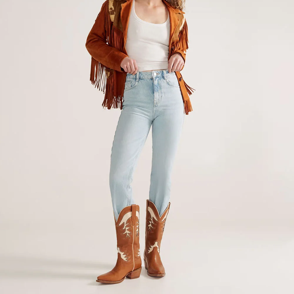 Brown Snip Toe Chunky Heel Stitching Mid Calf Western Boots for Women