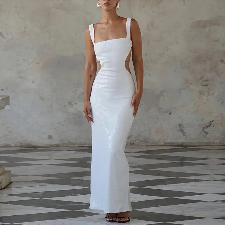 Sequin Sling Square Collar Backless Bodycon Dress 