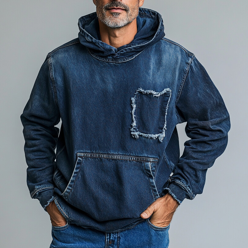 Men's Washed Denim Raw Edge Pocket Long Sleeve Casual Hoodie