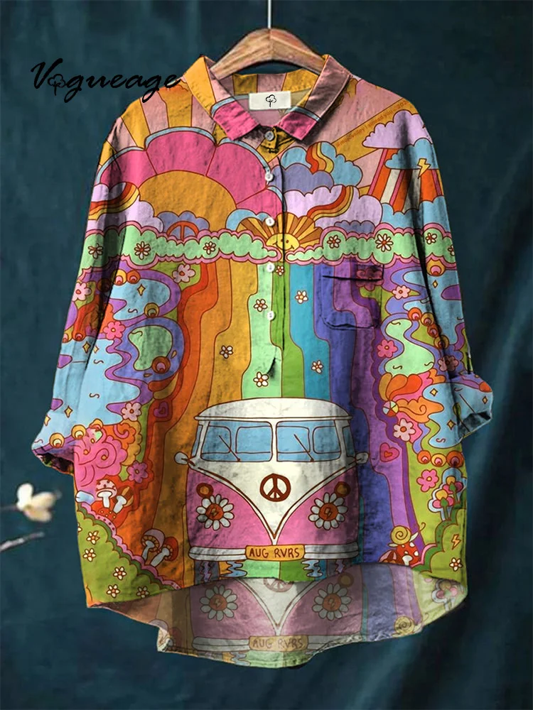 Color Animation Hand Drawn Line Bus Sun Print Cotton And Linen Shirt