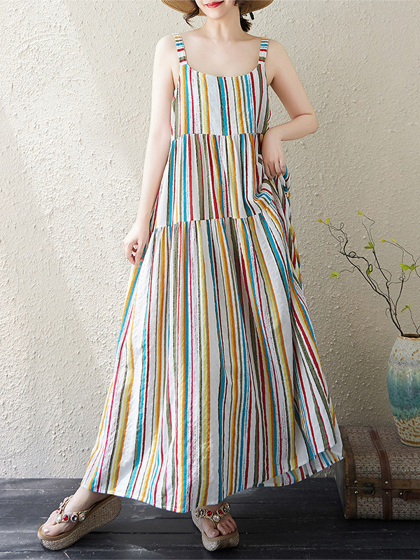 Vibrant Striped Strap Square Neck Sleeveless Maxi Dress