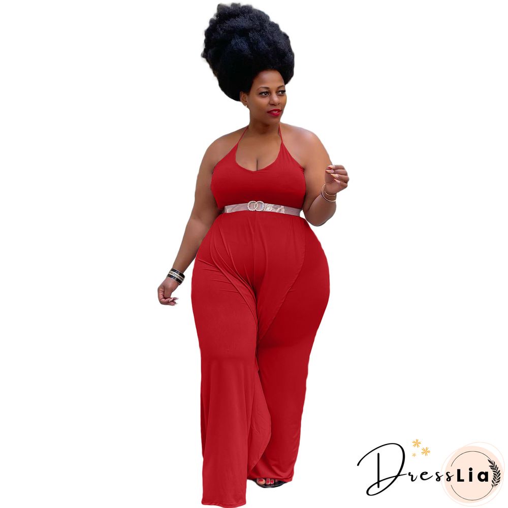 Casual Solid Color Sleeveless Ruffle Halter Lace Up Party Club Summer Plus Size Loose Wide Leg Jumpsuits