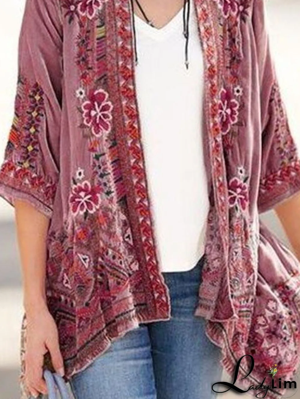Ethnic Floral Half Sleeve Curve Hem Velvet Cardigan