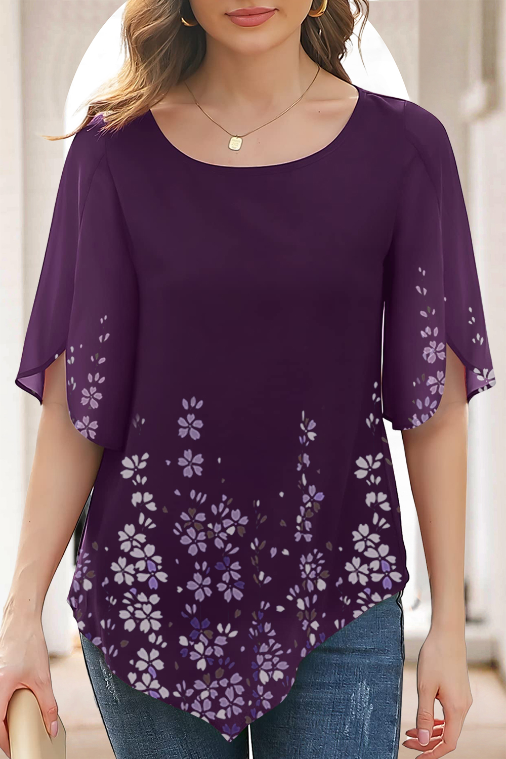 Flycurvy Plus Size Casual Purple Sheer Floral Print Split Irregular Hem Blouse