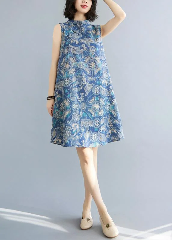 Loose Blue Print Oriental Summer Cotton Dress