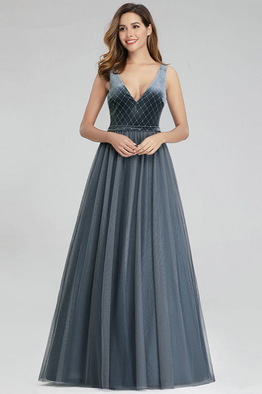 Bellasprom Dusty Blue Prom Dress Long Sleeveless Tulle Evening Gowns V-Neck Bellasprom