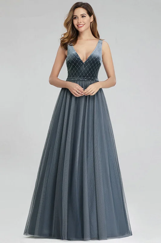 Bellasprom Dusty Blue Prom Dress Long Sleeveless Tulle Evening Gowns V-Neck