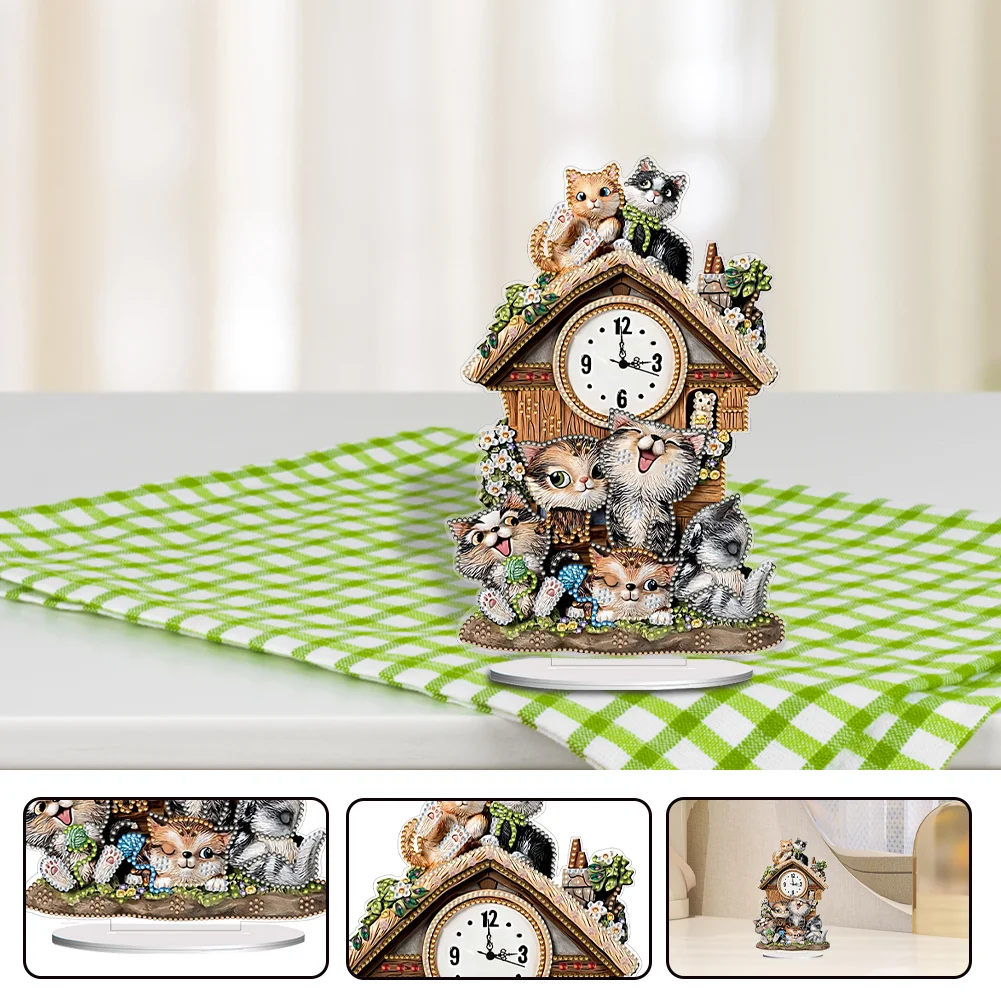 DIY Cat Hut Acrylic Special Shaped 5D Diamond Painting Clock Art Craft