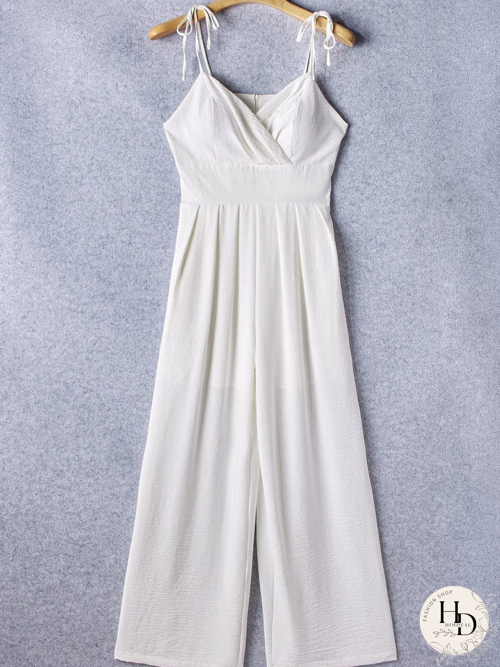 Elegant Beige Pleated Wide Leg Jumpsuit with Spaghetti Straps