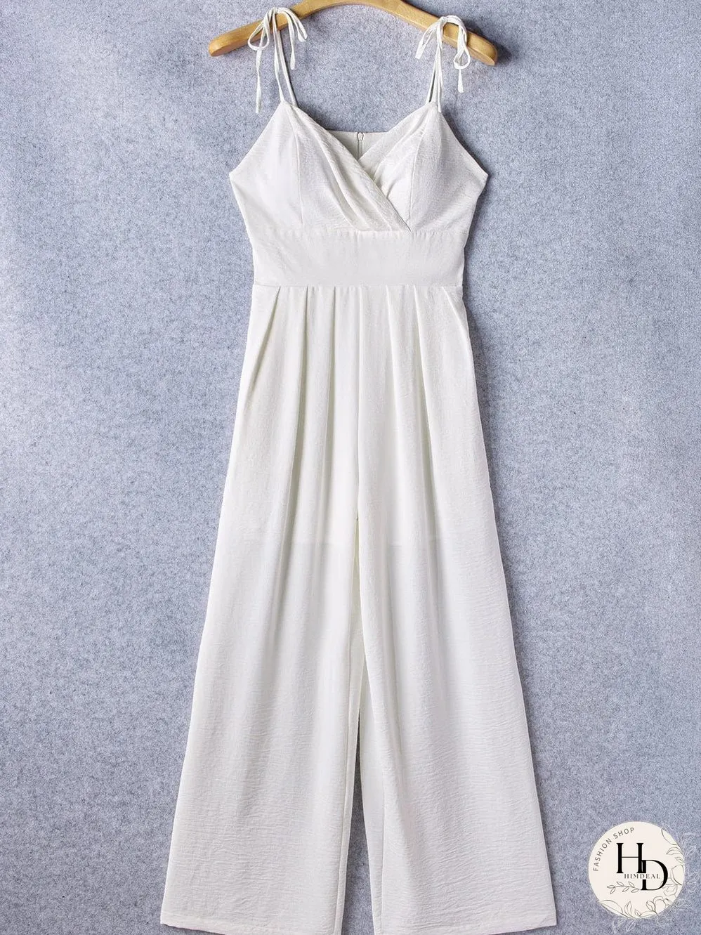 Elegant Beige Pleated Wide Leg Jumpsuit with Spaghetti Straps