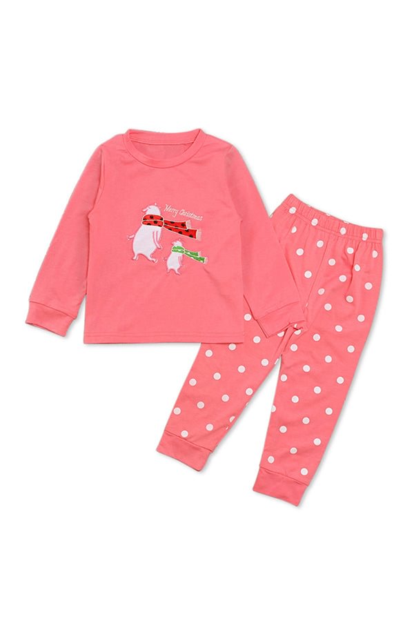 Cute Crew Neck Long Sleeve Polka Dot Kids Girls Christmas Pajama Pink-elleschic