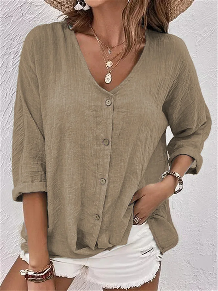 Women's New V-neck Pullover Short-sleeved Loose Women's Shirt Casual Plus Size Solid Color Blouse