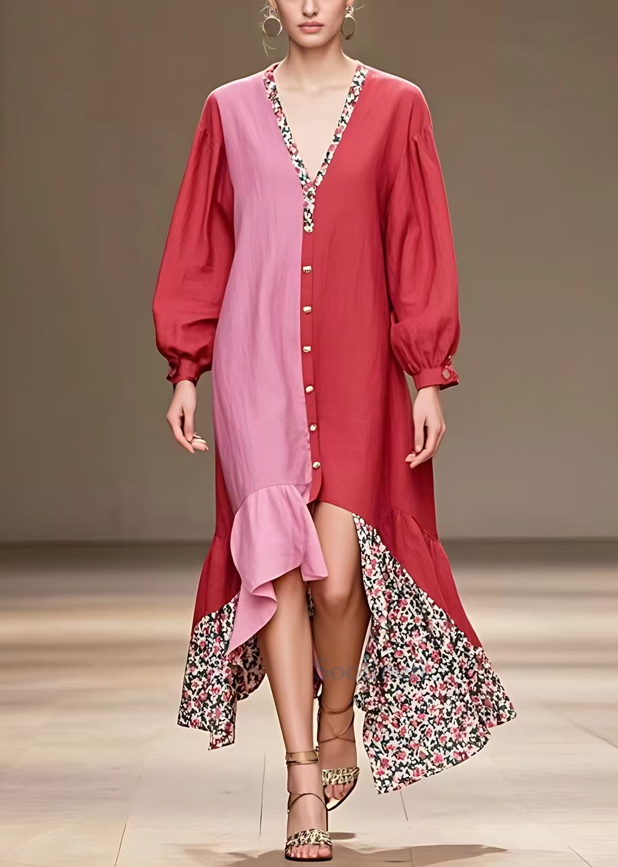 VCSHOES Red V Neck Button Print Cotton Dress Long Sleeve