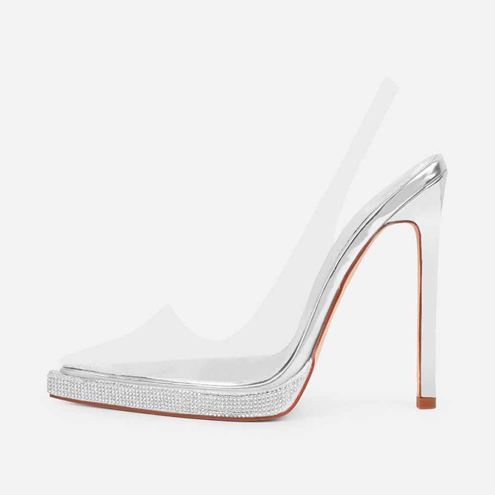 Clear PVC Pointy Toe 5‘’ Stiletto Heel Slingbacks with Rhinestone Nicepairs