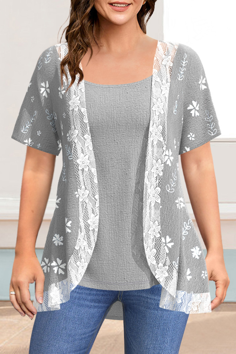 Flycurvy Plus Size Casual Grey Linen Floral Print Lace Stitching Two Pieces Blouse 2024 - Flycurvy 