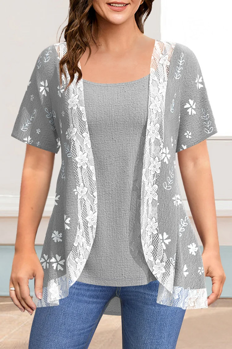 Flycurvy Plus Size Casual Grey Linen Floral Print Lace Stitching Two Pieces Blouse  Flycurvy [product_label]