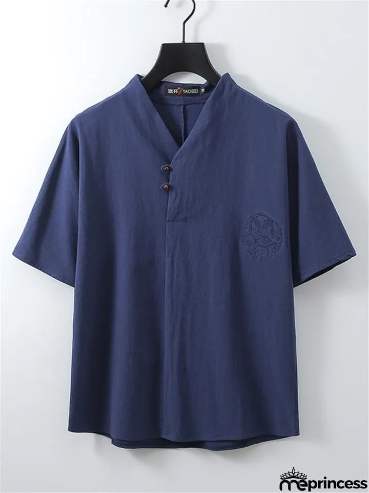 Loose Comfy Retro Print V Neck Short Sleeve T-Shirts