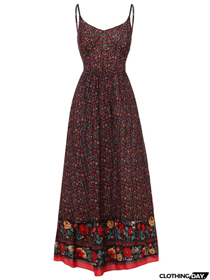 All-Over Floral Print Fitted Waist Pullover Pleated Detailing Spaghetti Strap Dress