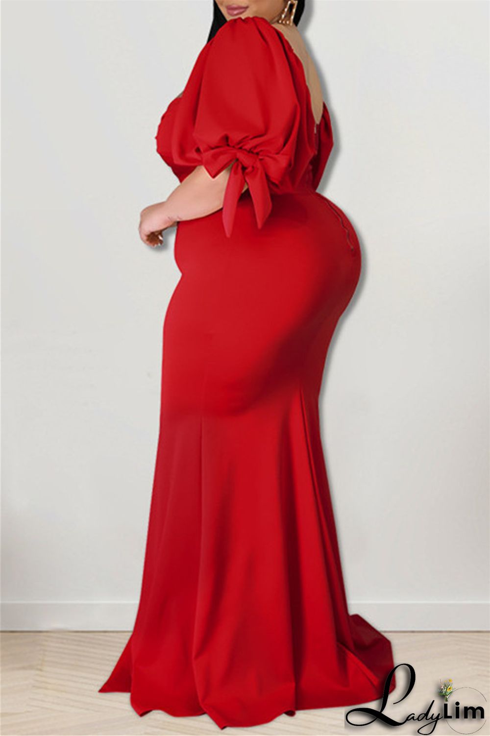 Pink Fashion Sexy Plus Size Solid Backless Slit Square Collar Evening Dress