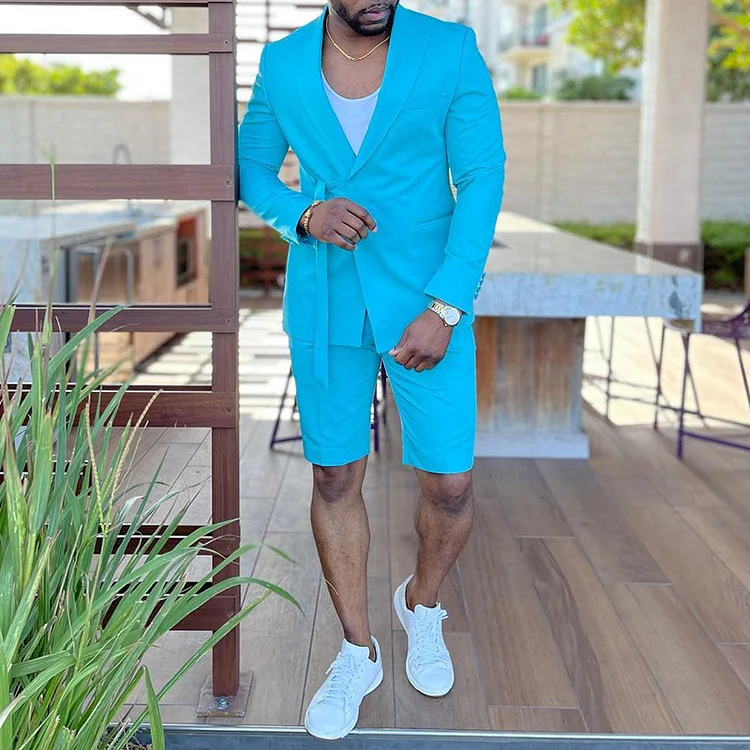 Broswear Light Blue Waist Tie Blazer And Shorts Two Piece Set