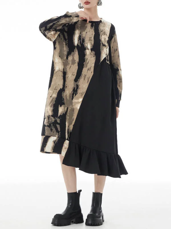 Design Round-Neck Black Tie-dye Split-Joint Patchwork Asymmetric Ruffled Hem Long Sleeve Dress