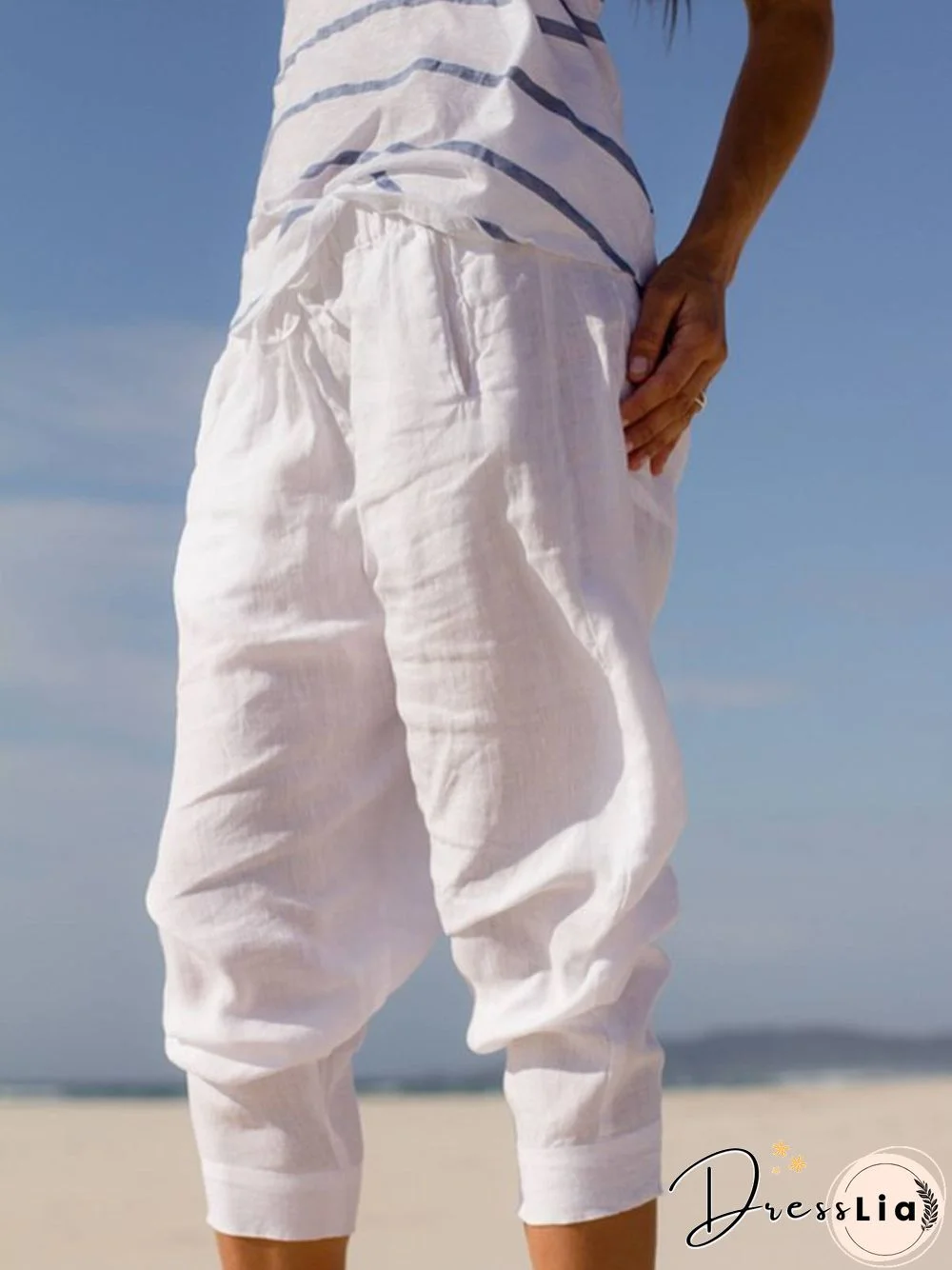 White Plain Cotton-Blend Casual Pants